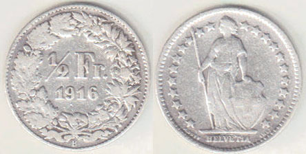 1916 Switzerland silver 1/2 Franc A000358